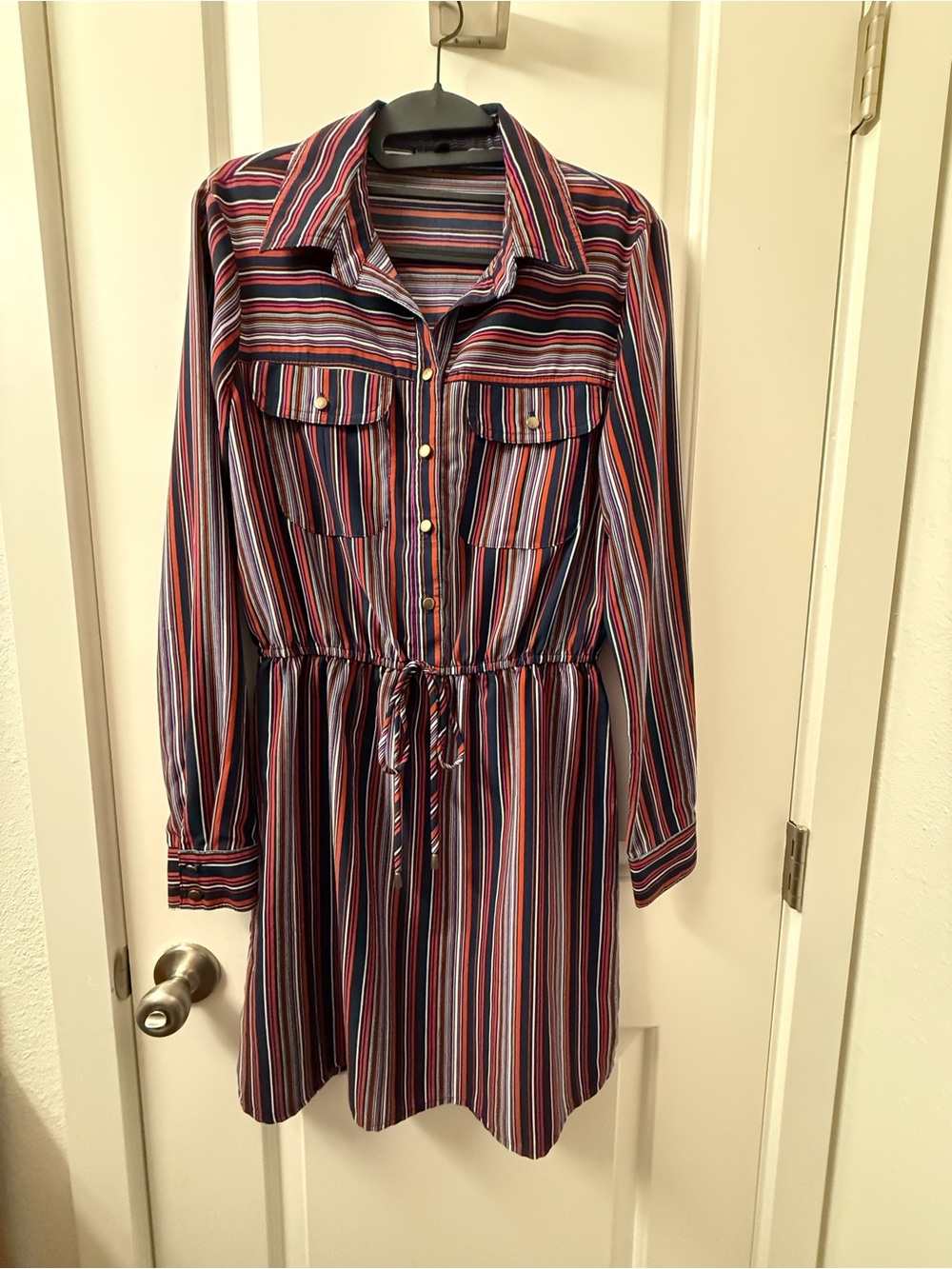 BeBop Striped Shirt Dress Medium Button Front Drawstring Waist Pockets - Picture 3 of 6